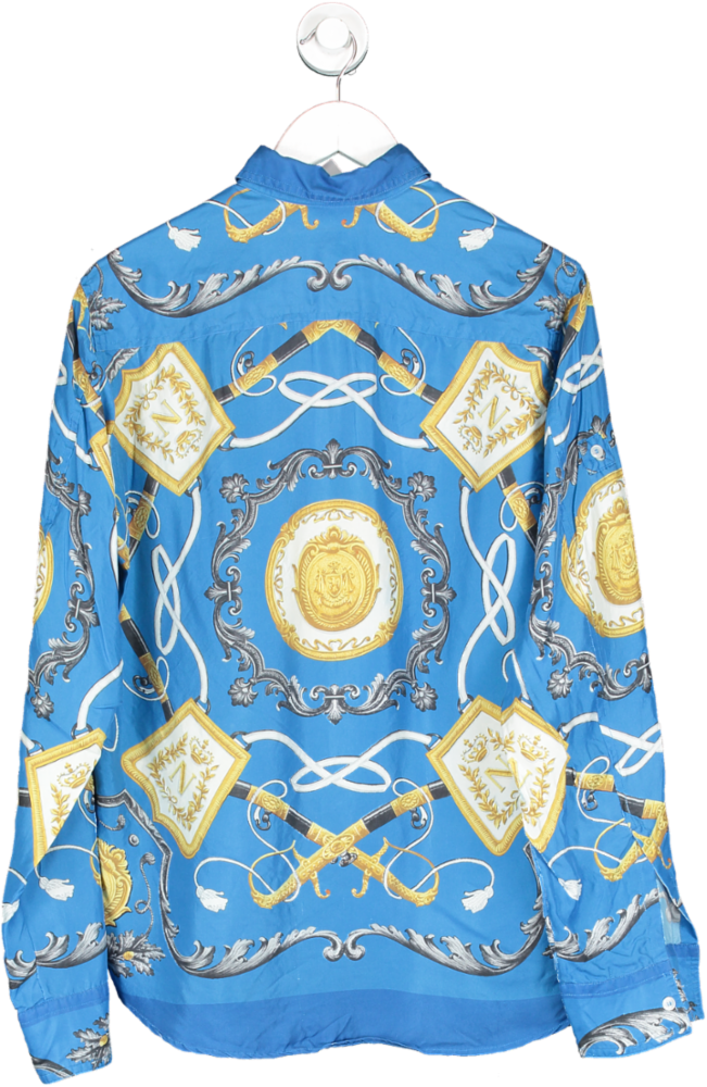 Dolce & Gabbana Blue Harnes Print Long Sleeve Shirt, 100% Silk UK M