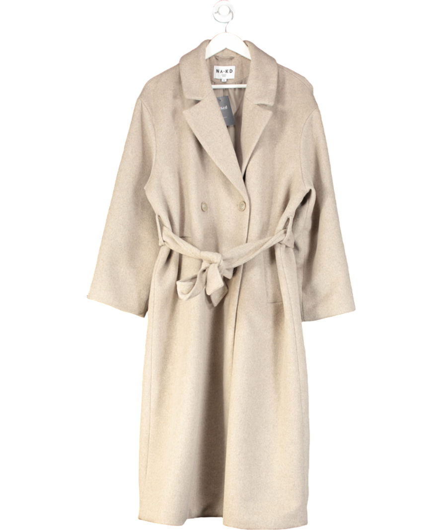 NA-KD Beige Wool Blend Scarf Detail Coat UK 8