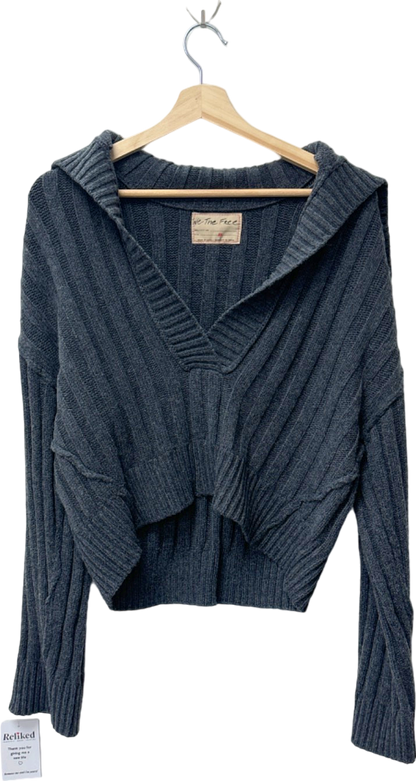 Free People Grey Ribbed V-Neck Sweater XS