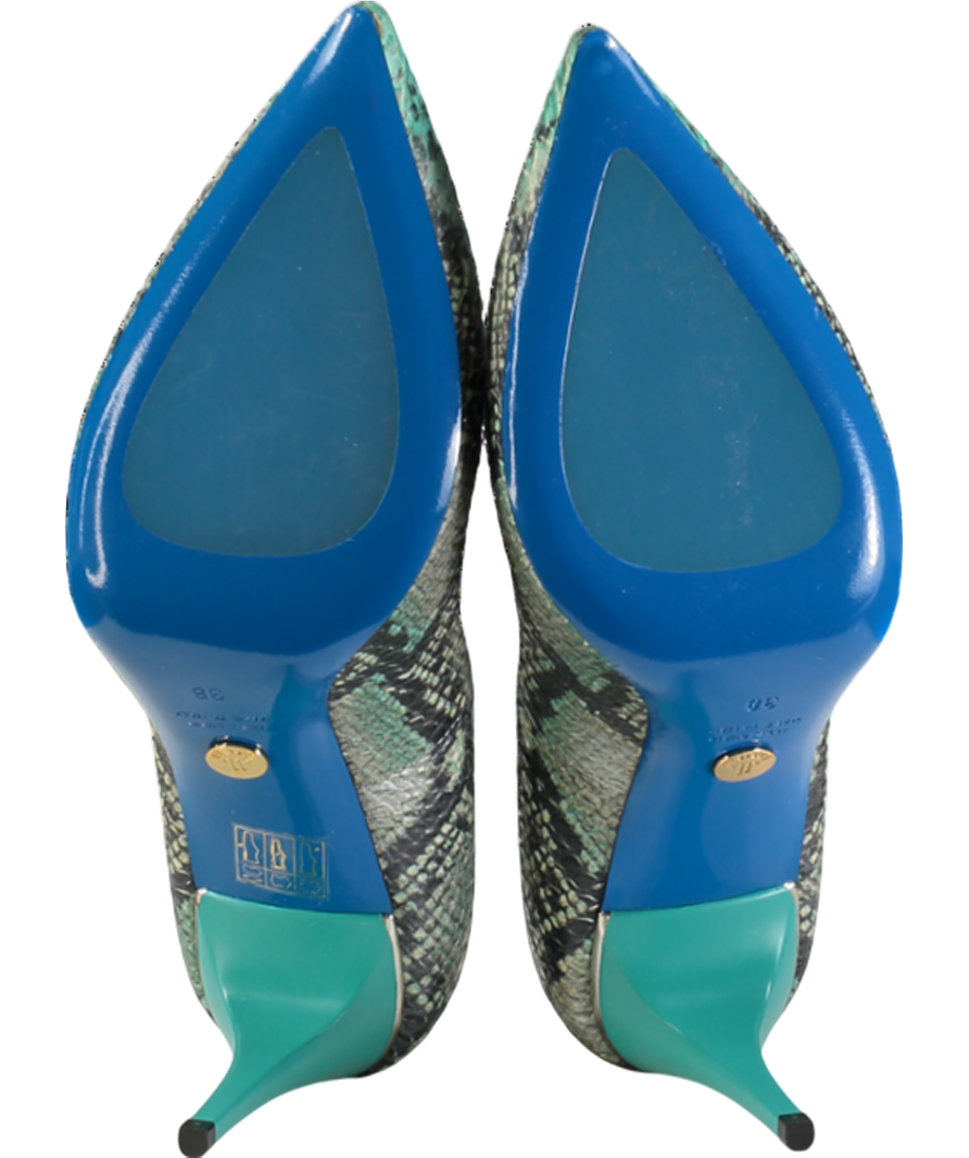 loriblu Green Turquoise Shades Snake Patten Calfskin Pointed Sling Back Heels UK 5 EU 38 👠