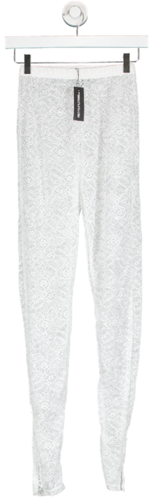 PrettyLittleThing White Lace High Waisted Split Hem Leggings UK 8