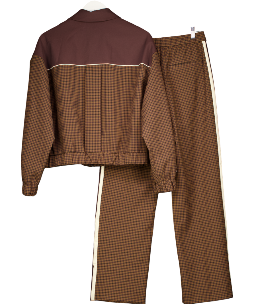 ZARA Brown 2-piece Lightweight Checkered Zip Up Casual Spring Jacket And Trouser Set UK M