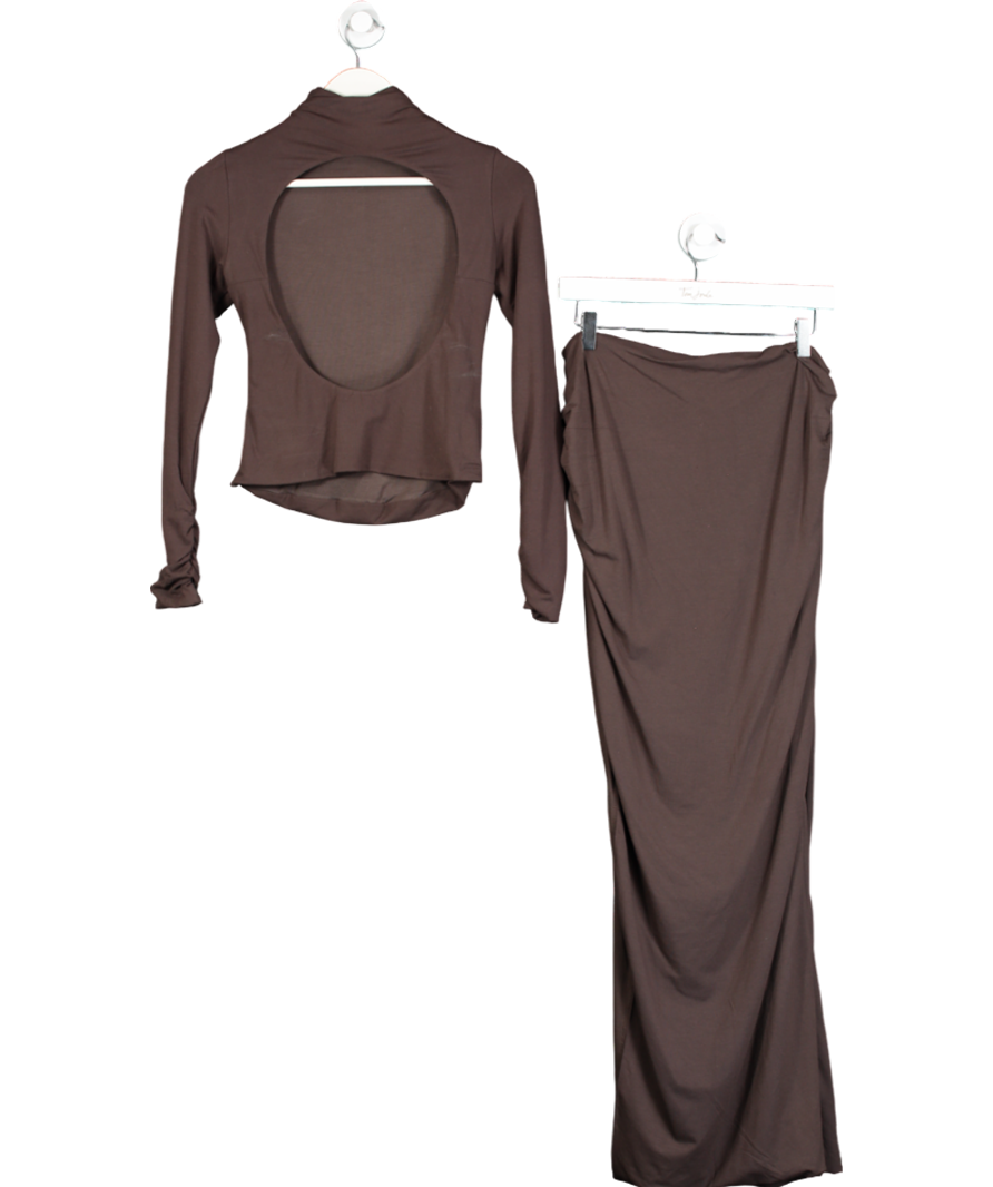 Oh Polly Brown 2-piece High Neck Open Back Top And Maxi Skirt Co-ord Set UK M