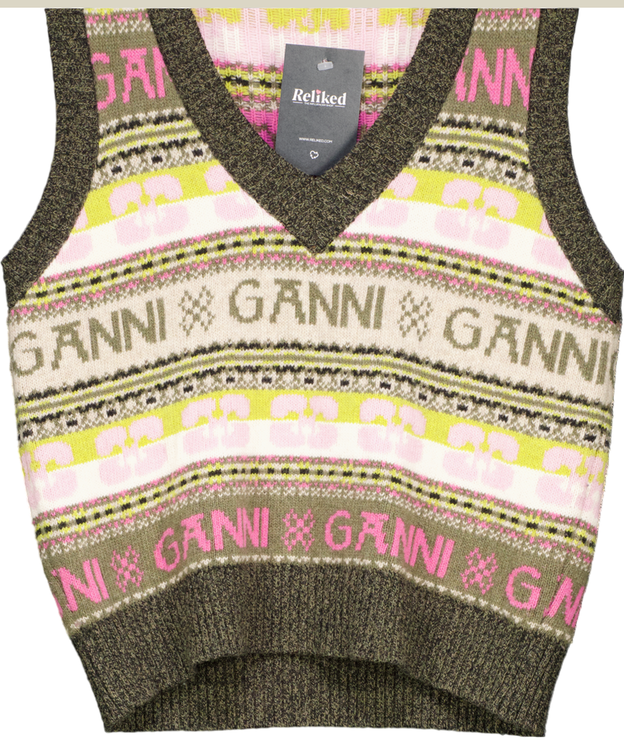 Ganni Multicoloured Fairisle Wool Logo Tank Top UK S