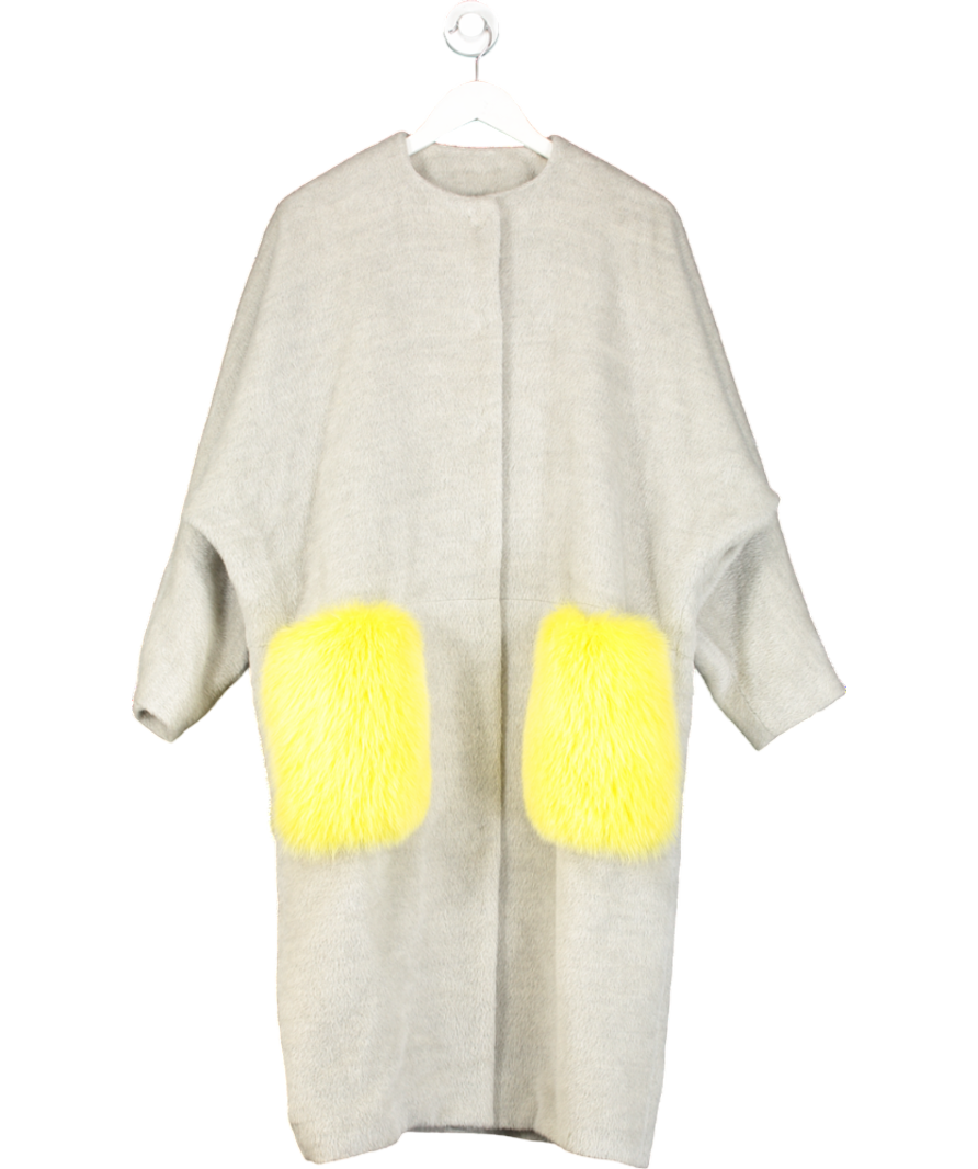 NARCISS Narciss Grey Super Soft Alpaca Coat With Bright Yellow Fur Pockets UK XS