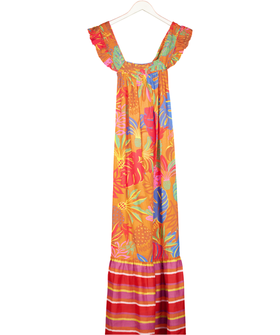 Next Orange Tropical Print Square Neck Frill Sleeve Maxi Dress UK 10