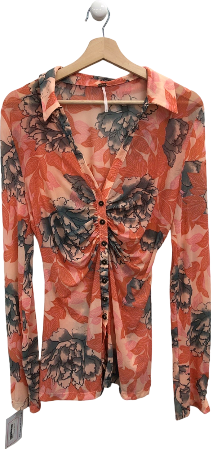 Free People Pink/Orange Floral Mesh Button-Down Blouse with Ruched Detail UK L