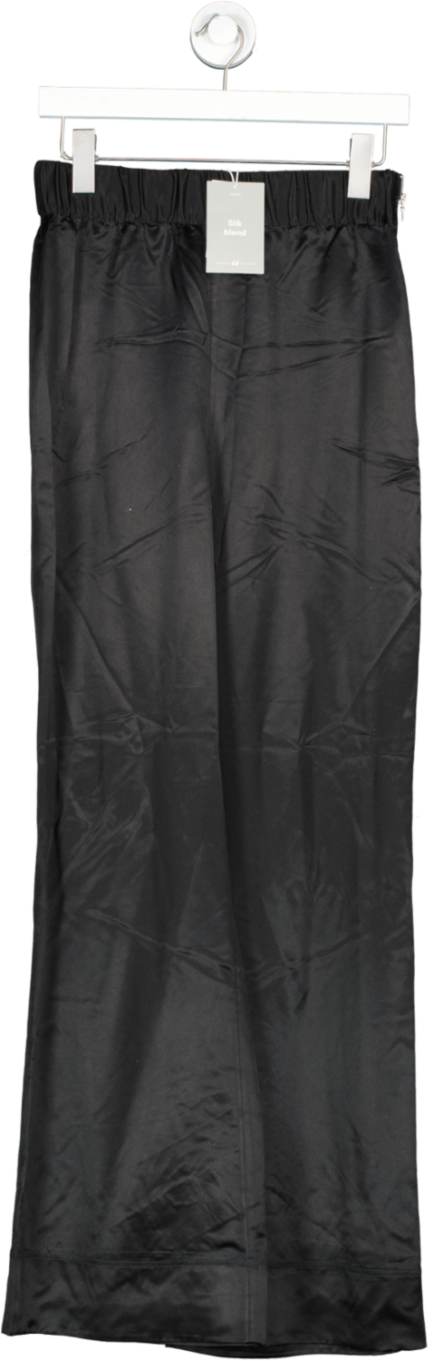 H&M Black Silk Blend Satin Wide Leg Zip Side Trousers UK 8