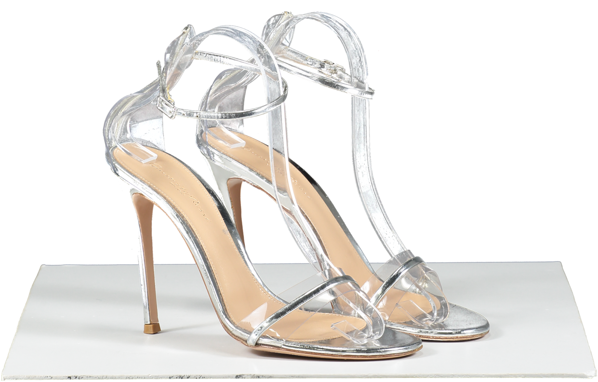 Gianvito Rossi Metallic Silver Leather And Pvc Heeled Sandals UK 6 EU 39 👠
