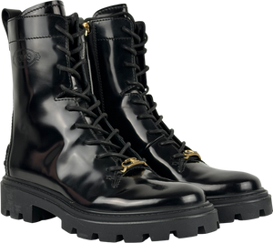 Tod's Black Embellished Glossed-leather Combat Boots UK 4 EU 37