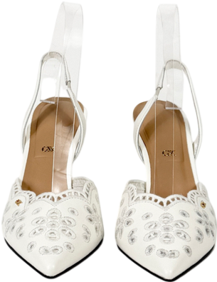 Charles & Keith White Leather Embroidered Pointed Slingback Pumps UK 4 EU 37
