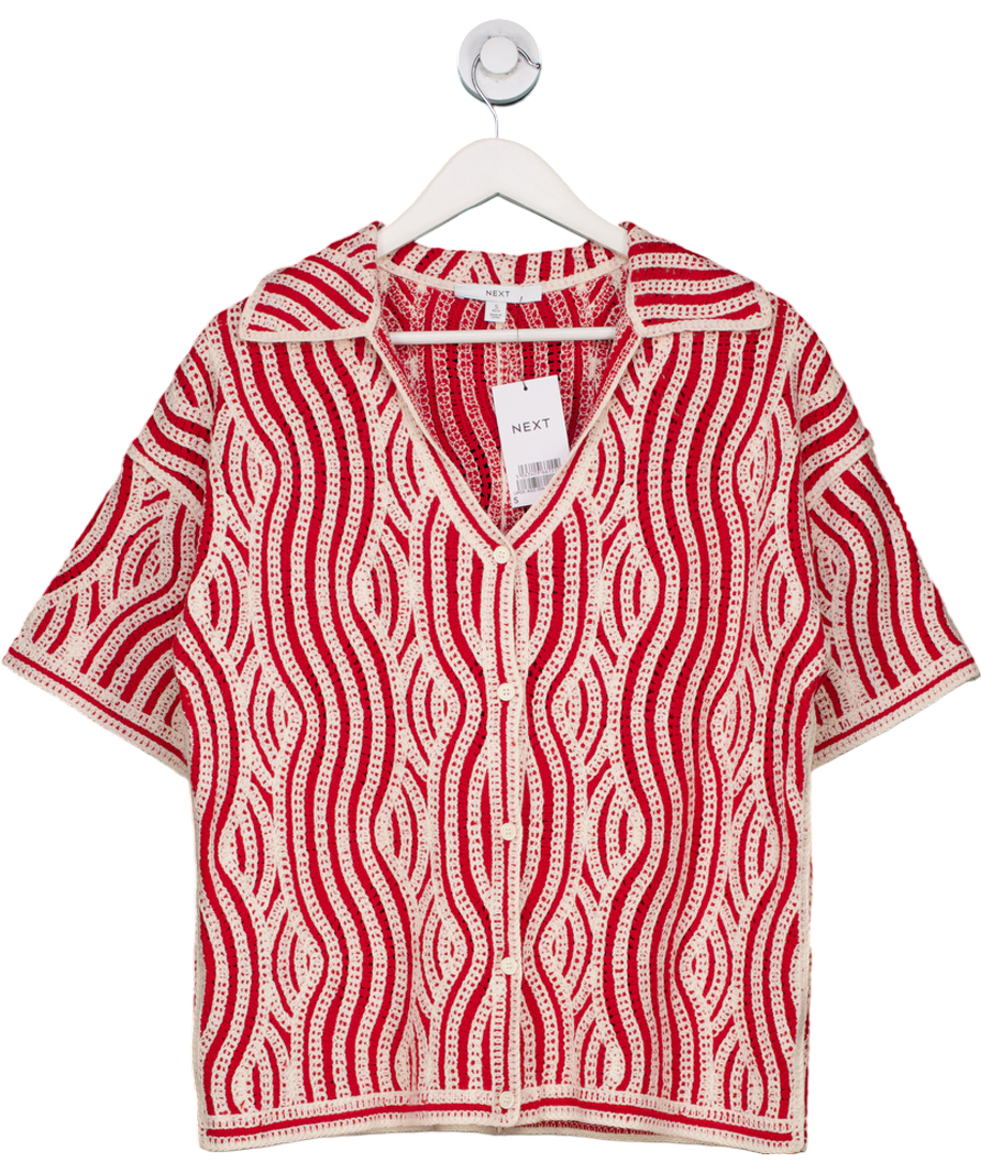 Next Red Ecru Wave Crochet Collared Short Sleeve Shirt UK S