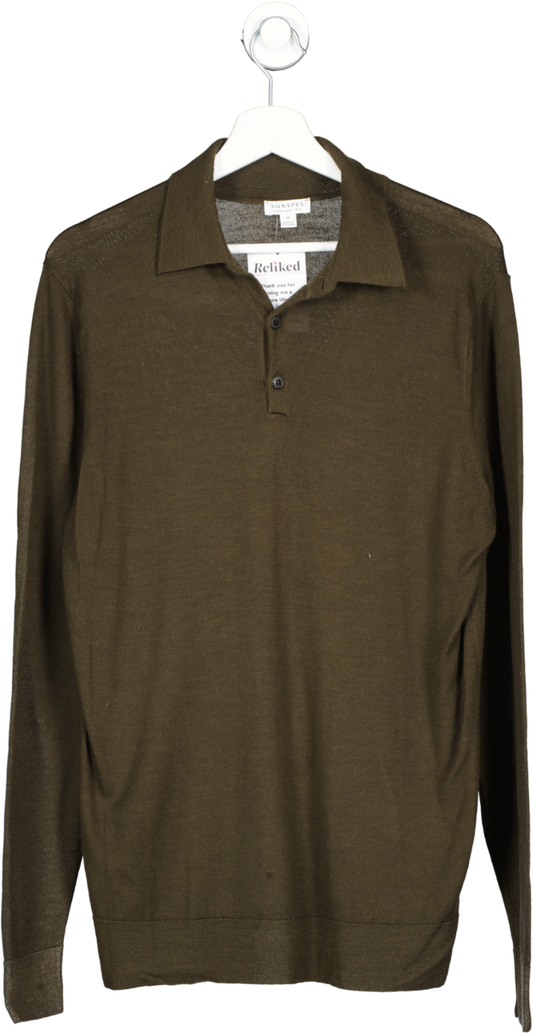 sunspel Green Extra‑fine Merino Polo Shirt UK M