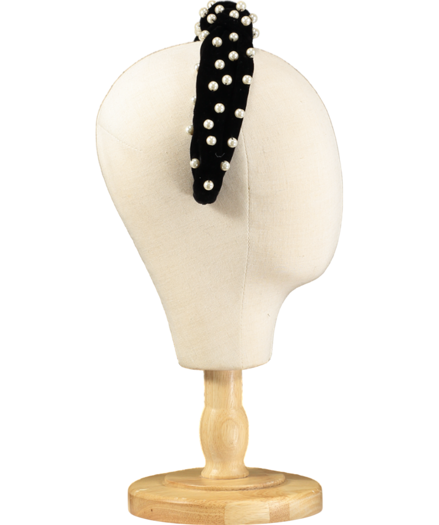 Tanya Litkovska Pearled Black Velvet Knotted Headband