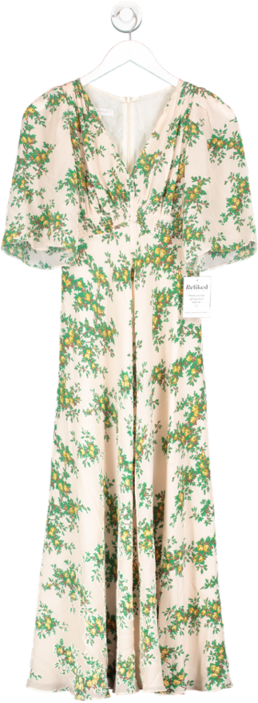 Suzannah Beige Silk Tea Dress With Leaf Print UK 8