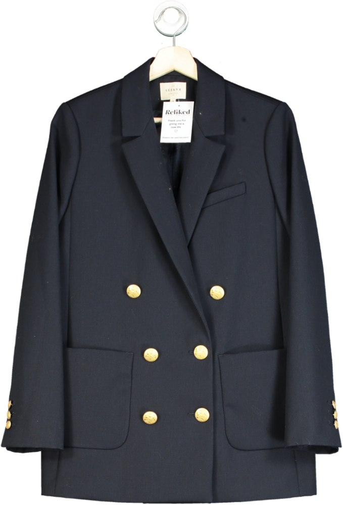 Sézane Navy Double-Breasted Blazer UK 10