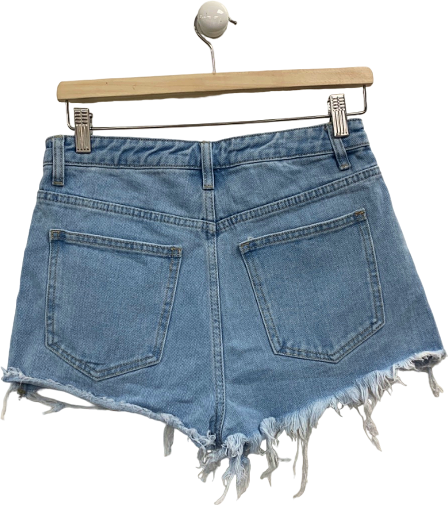 Pretty Little Thing Light Blue Wash Ripped Denim Shorts UK 8