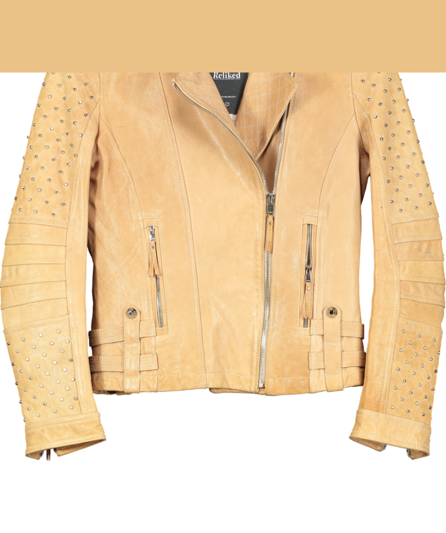 Royal Sunday Beige Camel Leather Jacket Silver Studded Arms UK 8