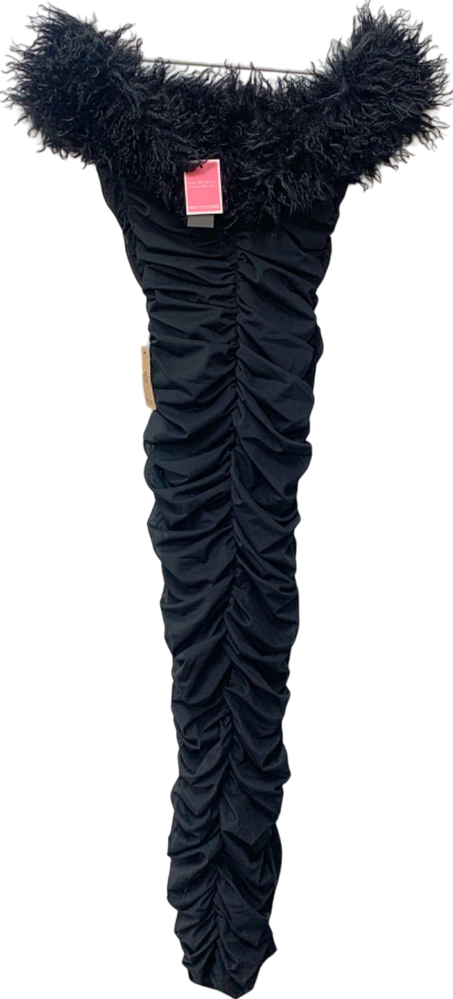 PLT Label Black Ruched Faux Fur Trim Dress UK 8