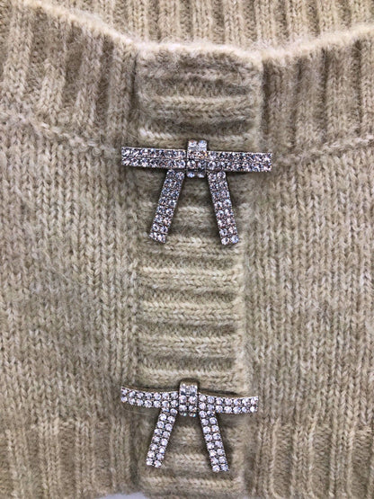 Zara Beige Knit Crop Top with Rhinestone Bows UK S