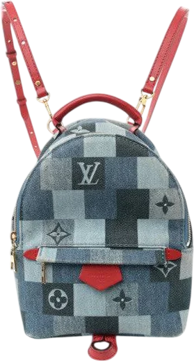 LOUIS VUITTON Denim Damier Monogram Patchwork Palm Springs Backpack Mini Blue Rouge - RARE