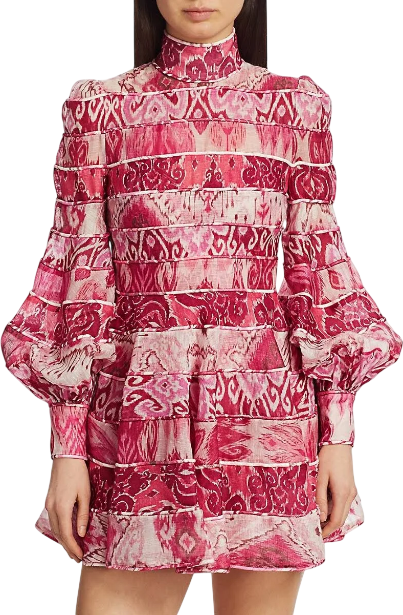 Zimmermann Pink Wavelength Spliced Linen Mini Dress Sz0 UK 6