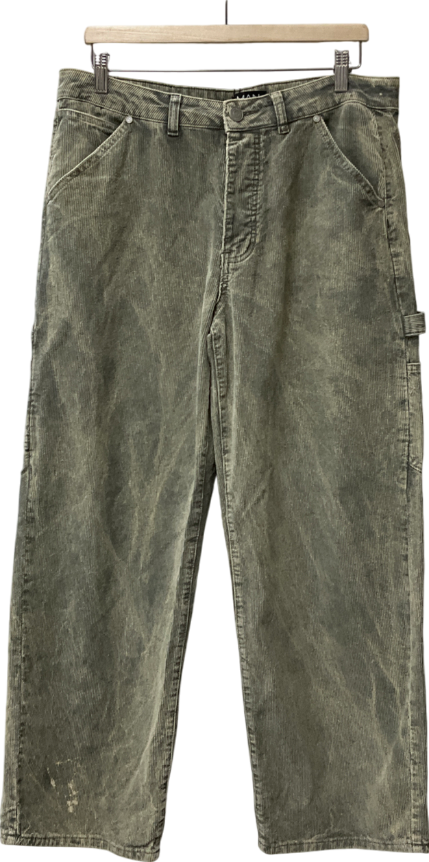 boohooMan Green Baggy Rigid Acid Wash Cord Trousers W34