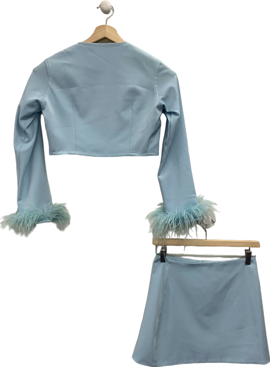 Light Blue Feather Cuff Crop Top and Skirt Set
