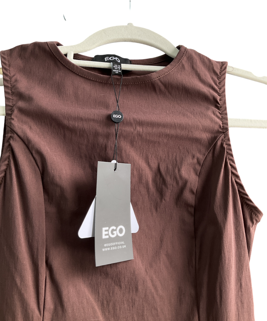 Ego Racer Neck Pleated Hem Mini Dress In Chocolate Brown UK 12