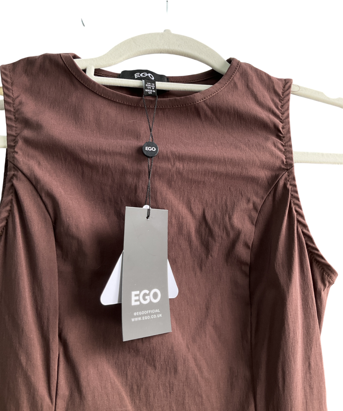 Ego Racer Neck Pleated Hem Mini Dress In Chocolate Brown UK 12