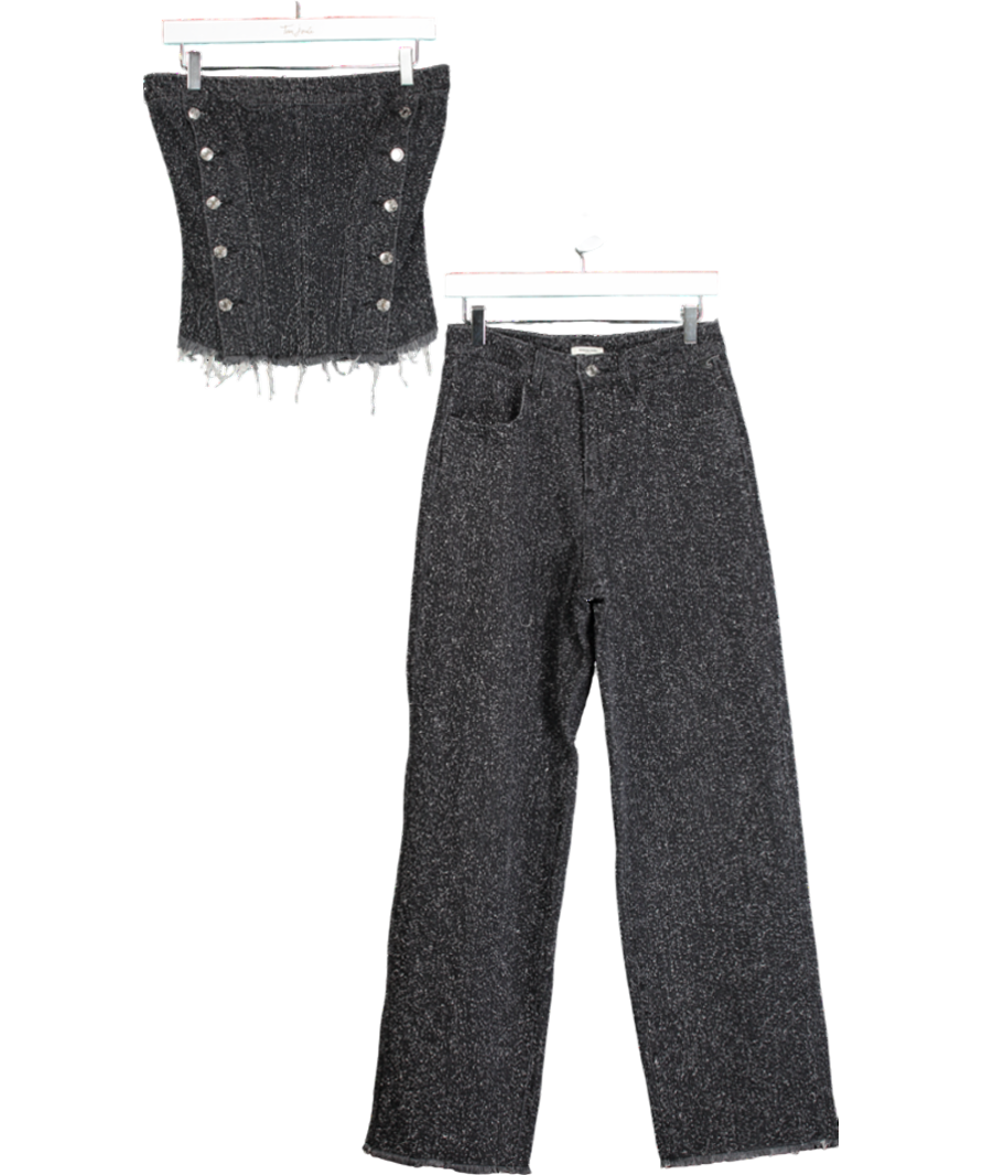 Mistress Rocks 2-piece Distressed Black Boucle Denim Strapless Top And Jeans Set UK S