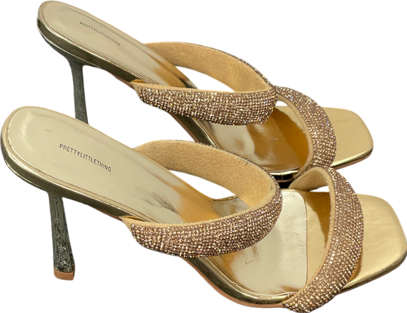 PrettyLittleThing Metallic Dimante Square Toe Padded Strap Heeled Sandals UK 8 EU 41 👠