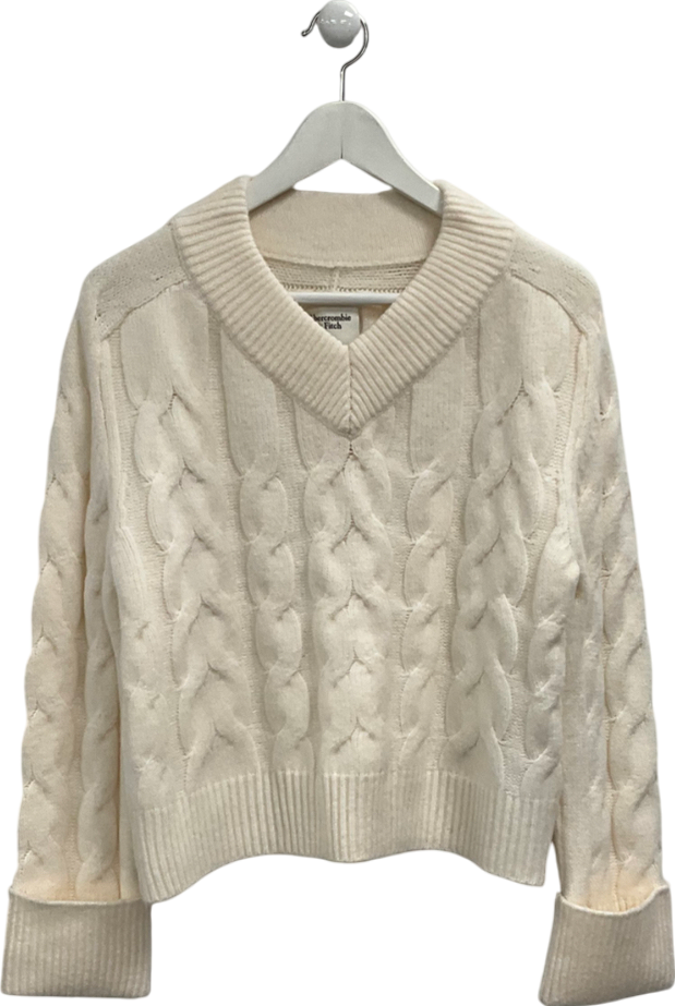 Abercrombie & Fitch Cream Easy V-neck Cable Sweater UK S