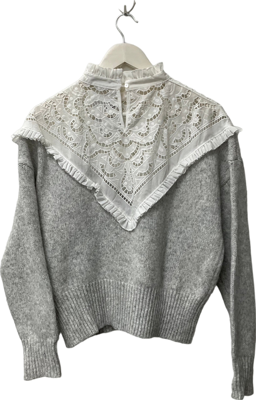 ZARA Victorian Jumper Grey White Lace Contrasting Poplin UK 10