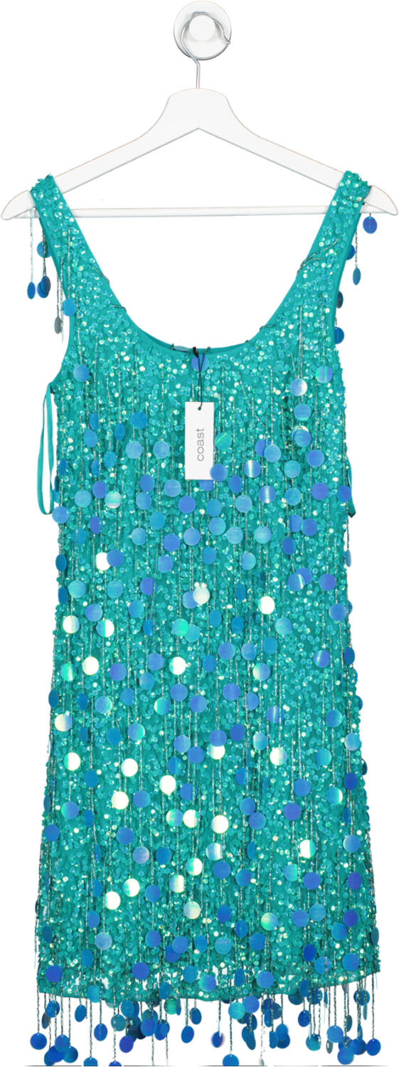Coast Green Embellished Tassel Sequin Mini Dress UK 8