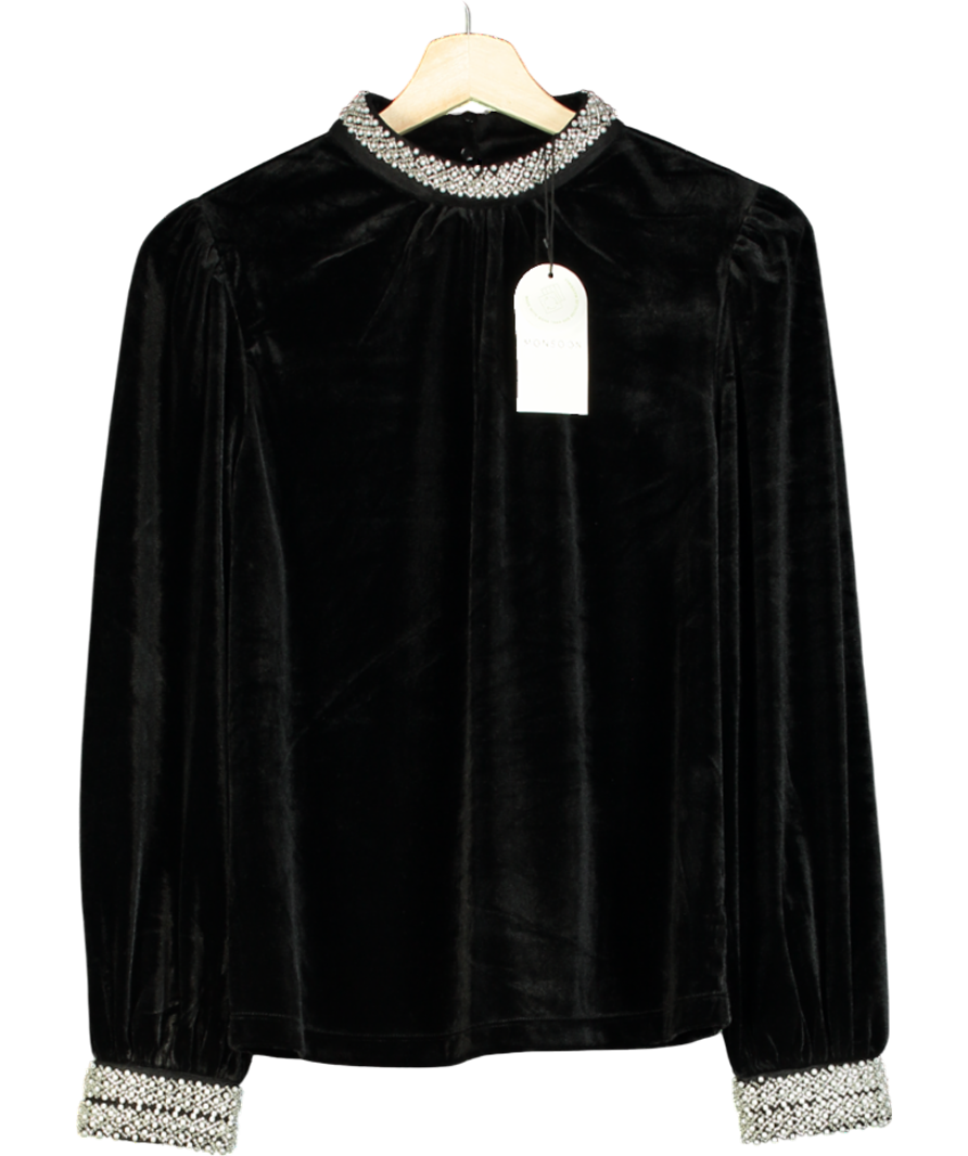 Monsoon Black Tate Pearl embellished Trim Velvet Top UK S