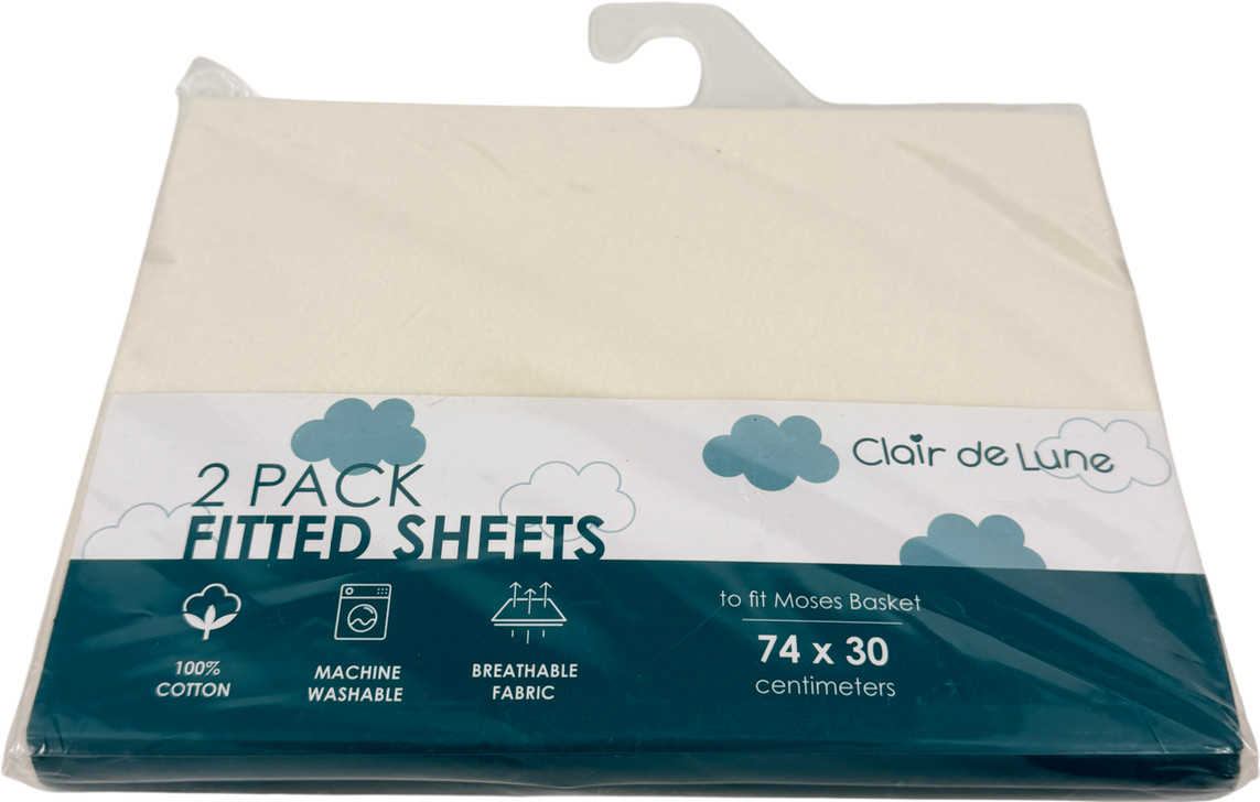 Clair de Lune Cream 2 Pack Universal Cotton Moses Basket Sheets - 74 X 30 Cm