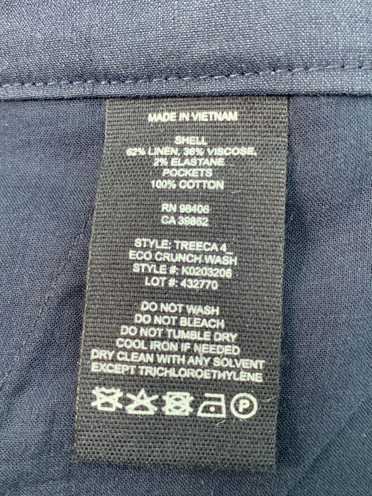 Theory Navy Treeca 4 Eco Crunch Wash Trousers UK 8