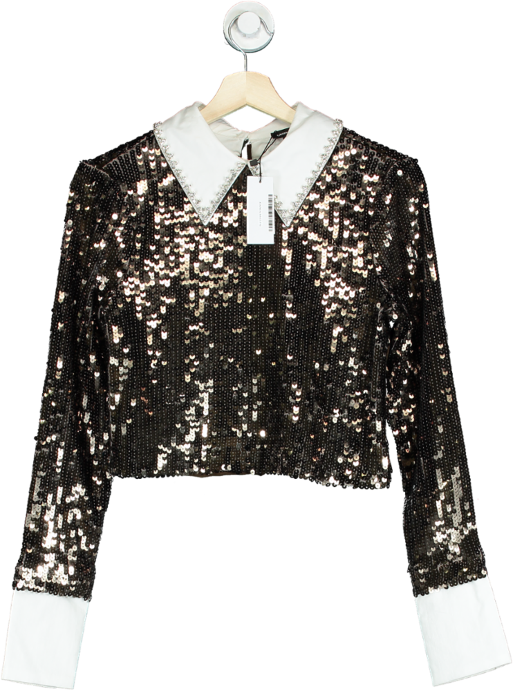 Karen Millen Gunmetal Sequin Woven Long Sleeve Crop Top UK 12