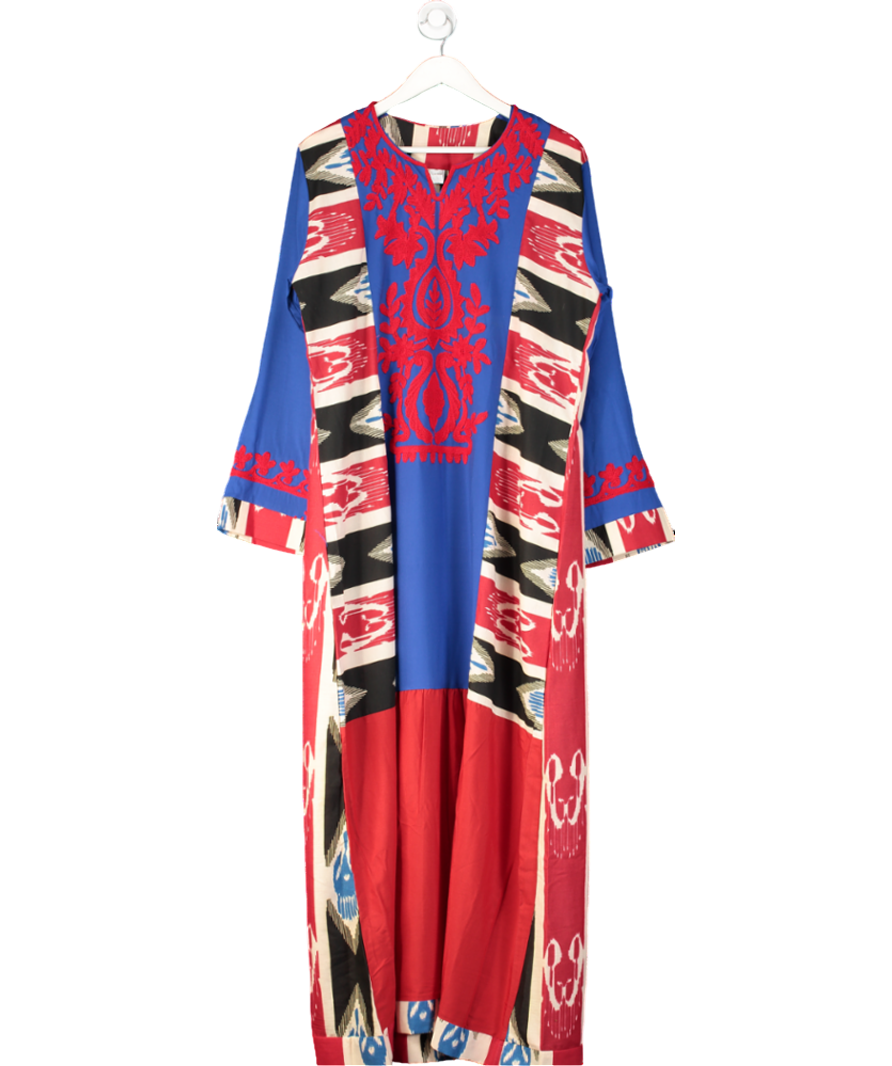Blue Patterned Embroidered Smock Kaftan Maxi Dress One Size