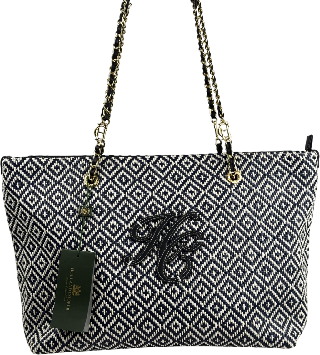 HOLLAND COOPER Amalfi Straw Woven Tote Bag - Navy Blue Geo