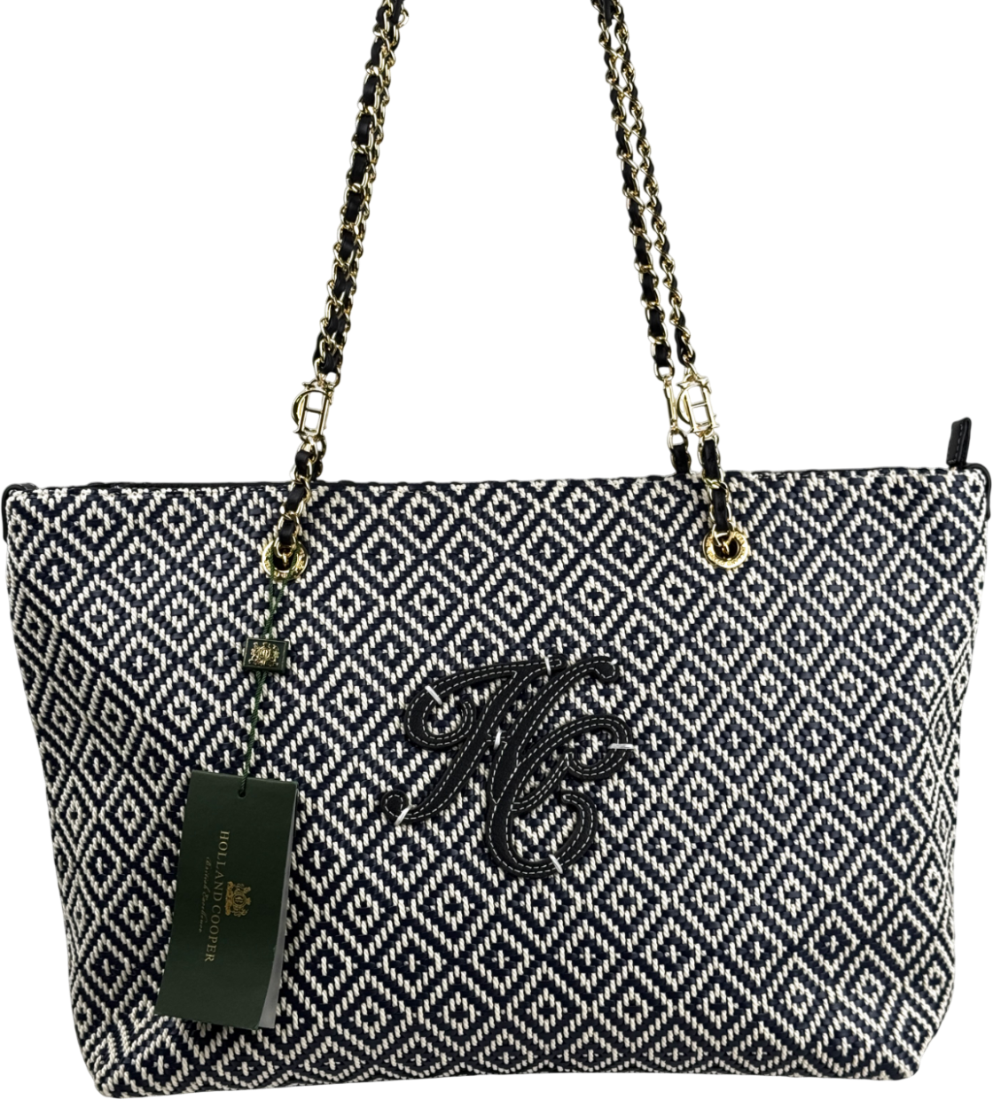 HOLLAND COOPER Amalfi Straw Woven Tote Bag - Navy Blue Geo