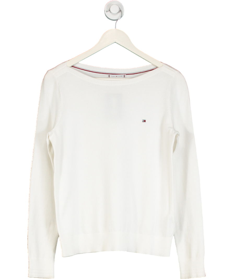 Tommy Hilfiger White Cotton Blend Fine Knit Flag Embroidery Jumper UK S
