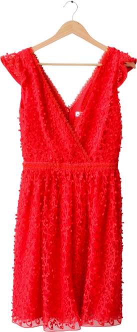 REISS Red Abrianna  Wrap Lace Floral-detail Dress UK 8