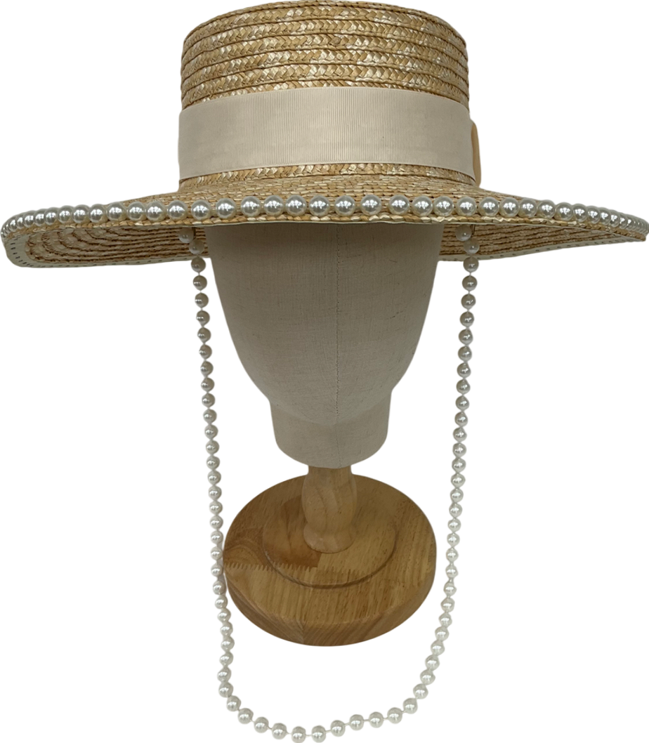Boutique Bonita Beige Pearl Embellished Straw Hat With Embroidered ‘a’ One Size