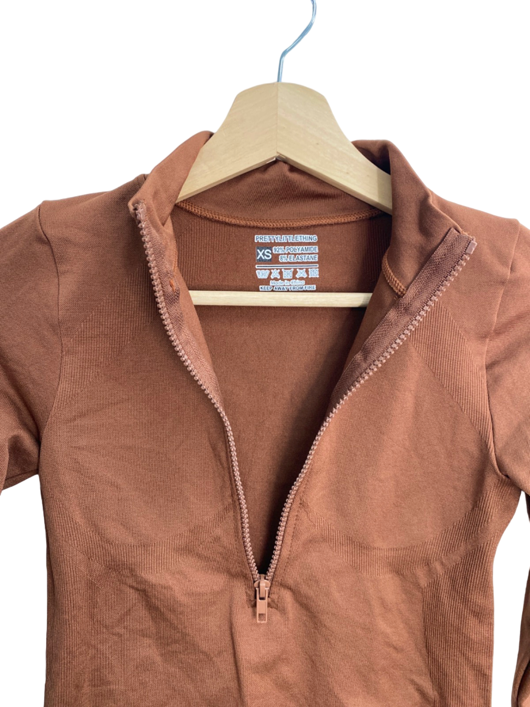 PrettyLittleThing Brown Half Zip Long Sleeve Top UK XS