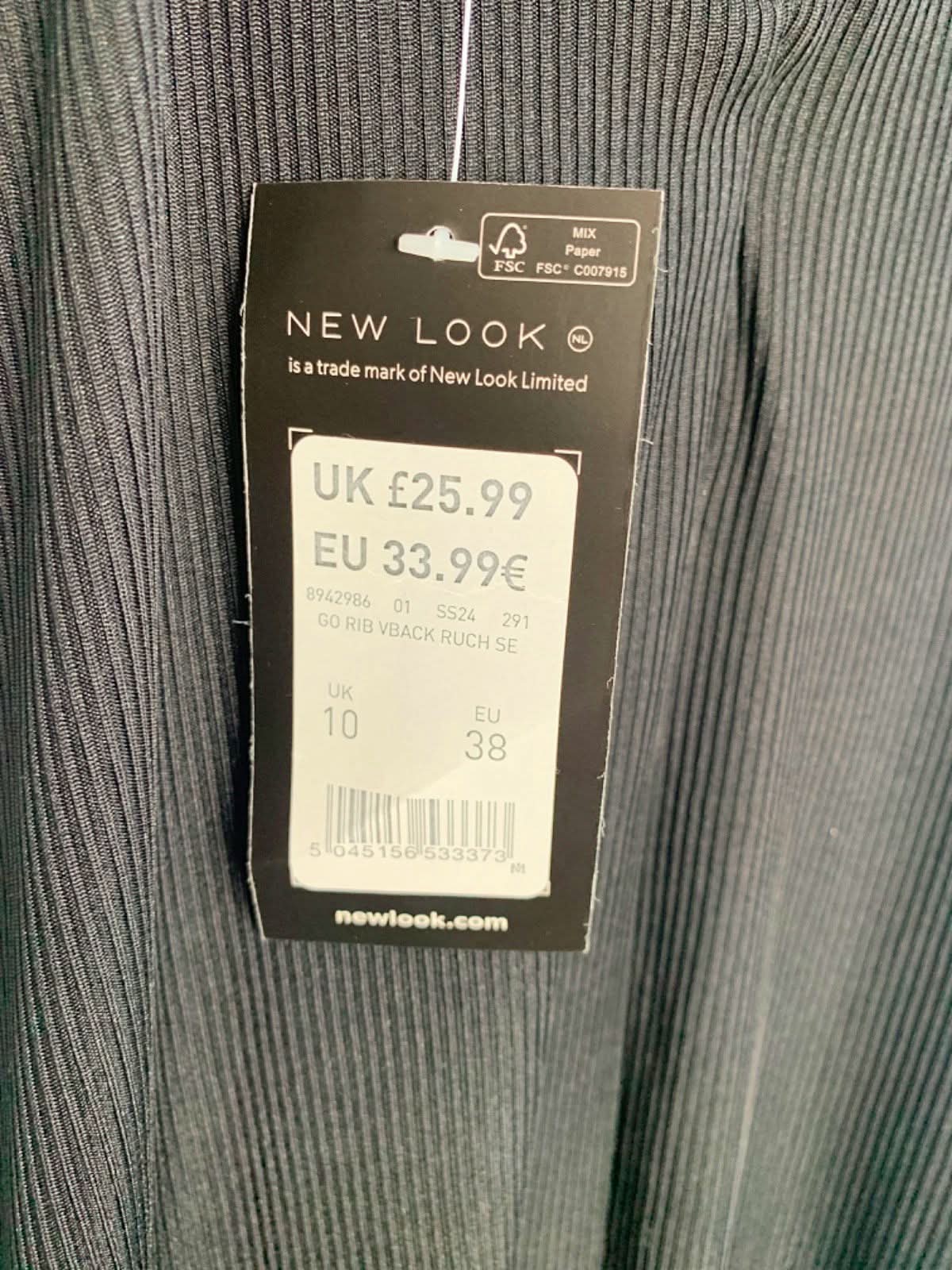 New Look Black Ribbed V-Back Ruched Midi Dress Size 10