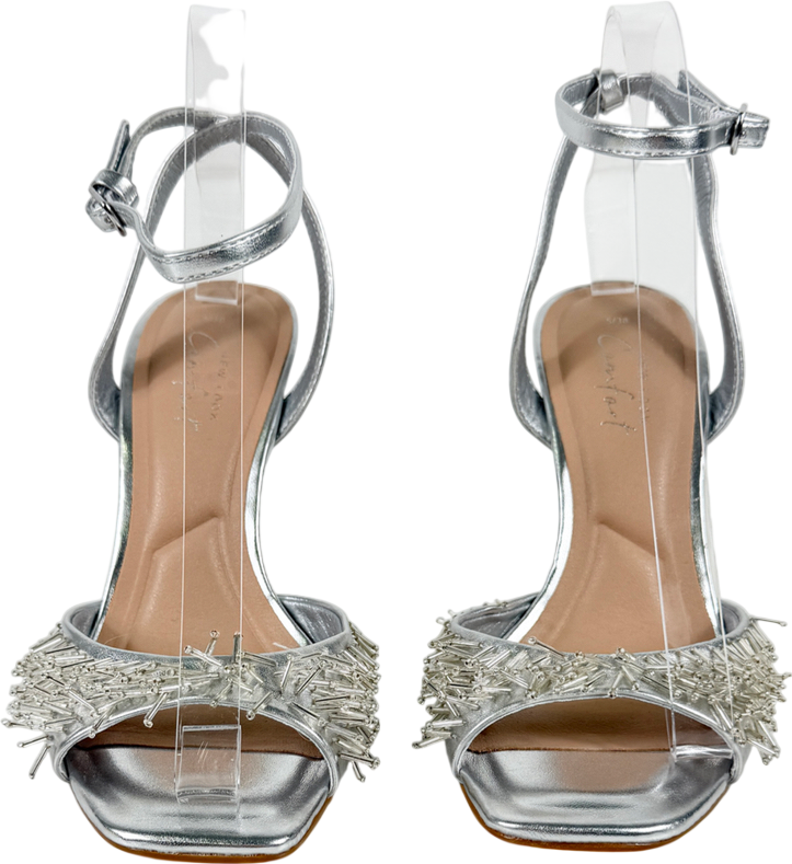 New Look Metallic Silver Faux Leather Beaded Strap Stiletto Sandals UK 5 EU 38