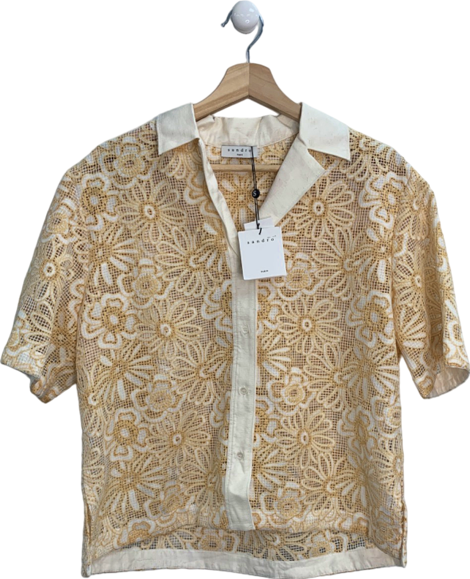 Sandro Daisy Floral Mesh Short Sleeve Shirt In Ecru Yellow SIZE 3 UK 12