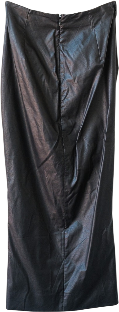 House of CB Black Vegan Leather Ruched Front Midi Skirt UK S